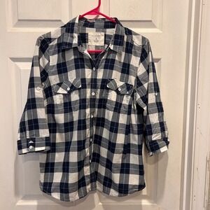 Sonoma Women's Blue White Plaid 3/4‎ Sleeve Button Down Shirt Top Large Gorpcore